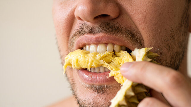 Closeup of a bearded man enjoying a delicious yellow snack