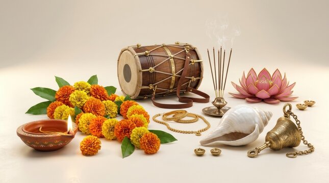 Traditional indian musical instruments sweets and flowers arranged for a festive celebration or worship setting