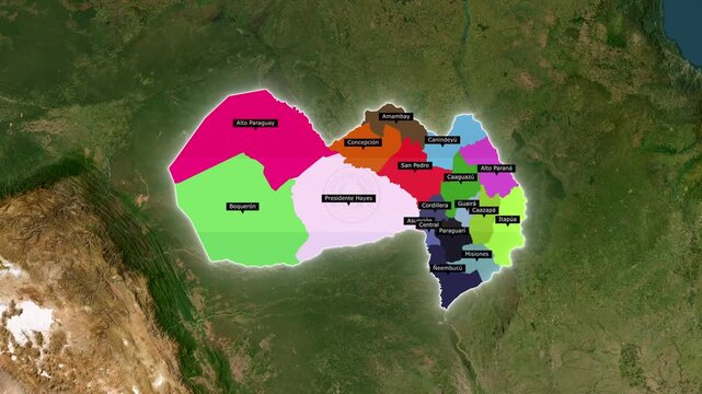 paraguay map zoom animation with departments division and glowing border