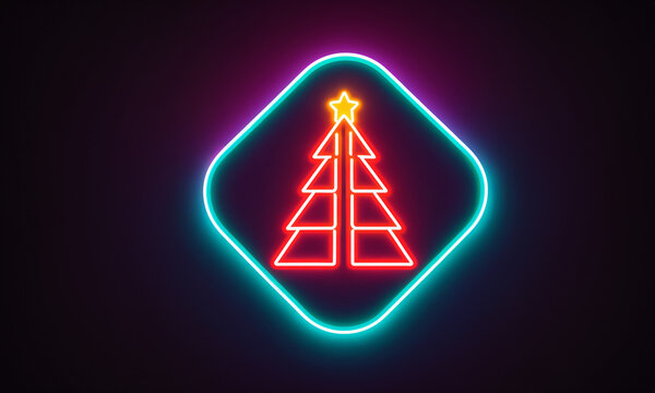 brightly glowing red neon sign shaped like a vertically segmented pine tree with a yellow star inside a cyan rhombus frame with rounded corners on a dark space