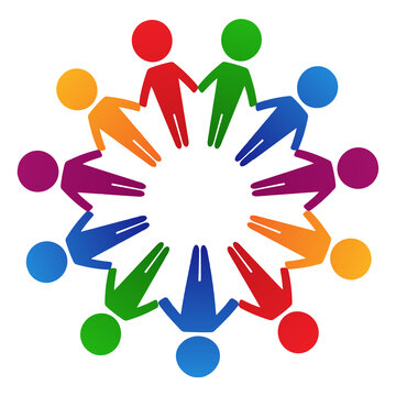 Colorful people holding hands in circle teamwork unity icon