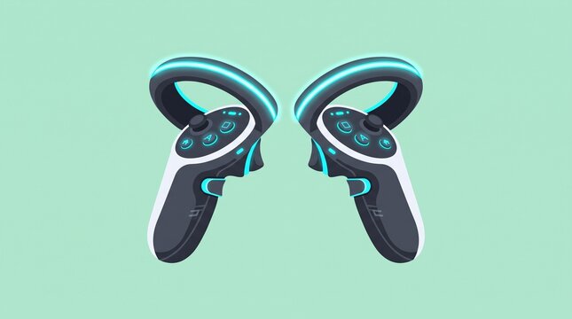 Futuristic virtual reality gaming controller icon with motion tracking technology and interactive digital details on a pastel mint background