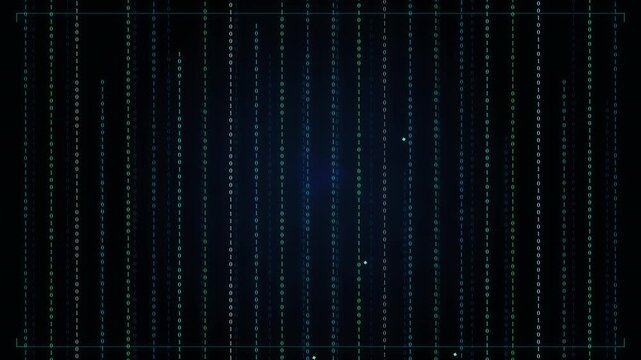 Abstract animation of falling digital binary code numbers 0 and 1 on dark background