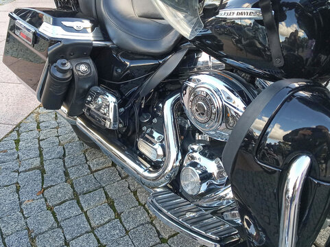 Grodno, Republic of Belarus. - September 09, 2018: A close-up of the engine of a Harley-Davidson Electra Glide motorcycle.