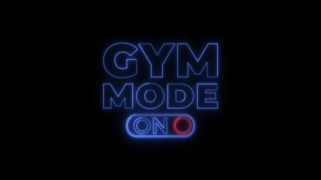 Gym mode on neon sign animation with flickering blue light and toggle switch on black wall.