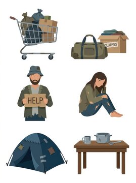 Homelessness and Poverty Vector Illustration Set Featuring Homeless People, Shelter Tent, and Belongings in Shopping Cart