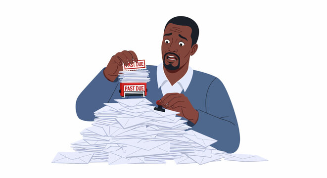 Panicked African American Father Stamping Past Due Envelopes
