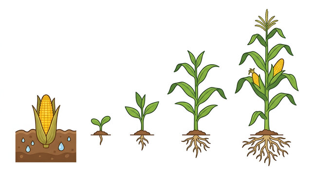 showing the growth stages of a corn plant from seed to full ear harvest