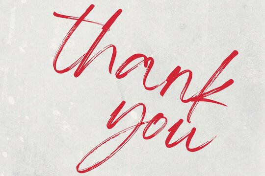 Red handwritten calligraphy thank you text on white textured paper background with calligraphy