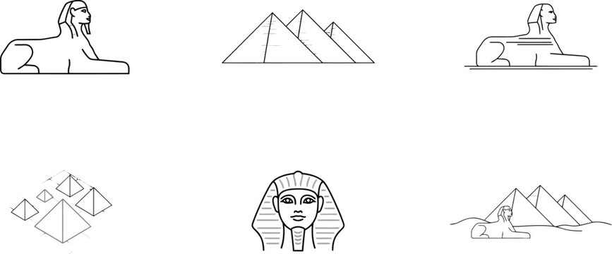 Ancient Egypt linear icons set, Sphinx and Great Pyramids, Pharaoh mask symbol, Flat minimalist line art vector illustration, Egypt-themed graphic design elements