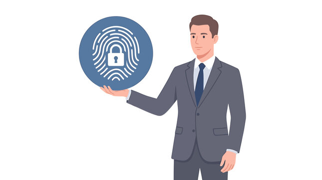 Caucasian Male Data Privacy Officer Holding Blue Fingerprint Scan
