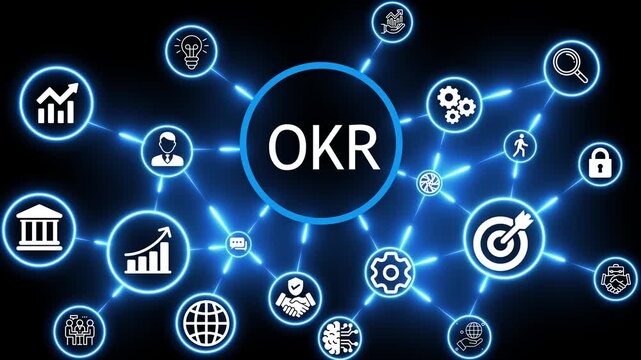 Pay per click OKR marketing concept animation with neon technology icons 4k video animation
