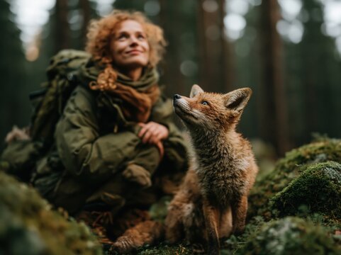 Woman with red hair and a fox in a forest setting