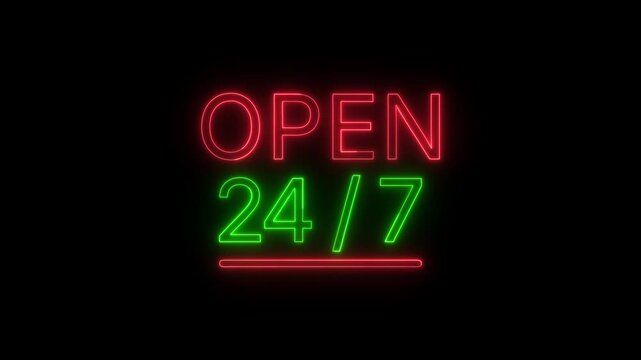 Open 24 7 neon sign glowing in red and green colors on black background for retail use.