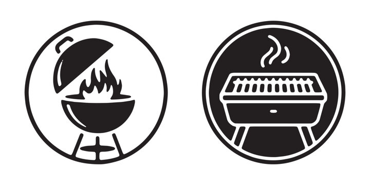 Outdoor charcoal barbecue grill circular icons depicting open flames and cooking equipment designs.