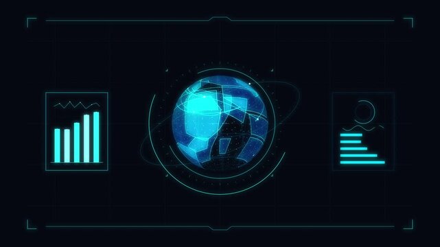 Animated digital globe with dot map, infographic graphs, spinning elements on dark HUD background, 4K