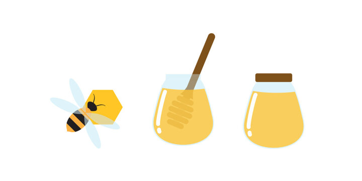 Flat Vector Honey Jar and Bee Icon Set.

