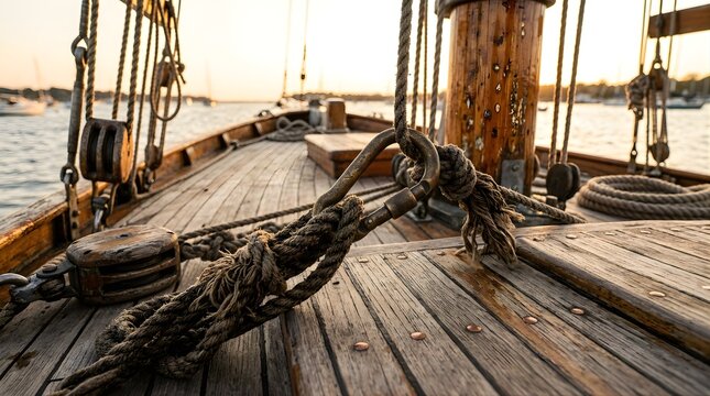 Close up of a weathered wooden sailboat deck with rigging at golden hour