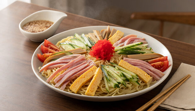 Japanese Cold Ramen Hiyashi Chuka with Colorful Toppings Generative AI