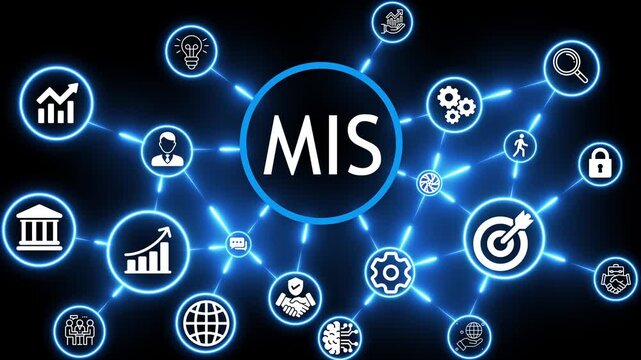 Pay per click MIS marketing concept animation with neon technology icons 4k video animation