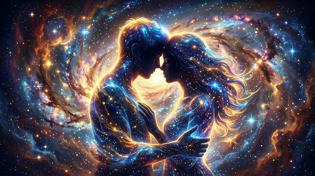 Cosmic couple embracing in a nebula of stars and galaxies