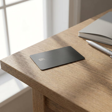 Blank metal credit card resting on a wooden office desk next to a pen and notebook transparent background