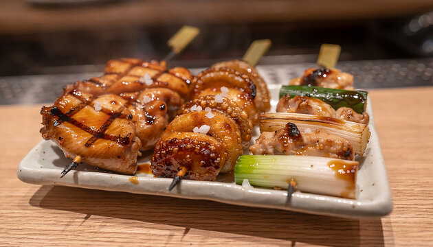 Traditional Japanese Yakitori Chicken Skewers with Glazed Sauce Generative AI