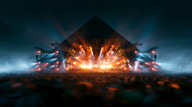 Photorealistic large festival pyramid-style stage structure at a music festival  