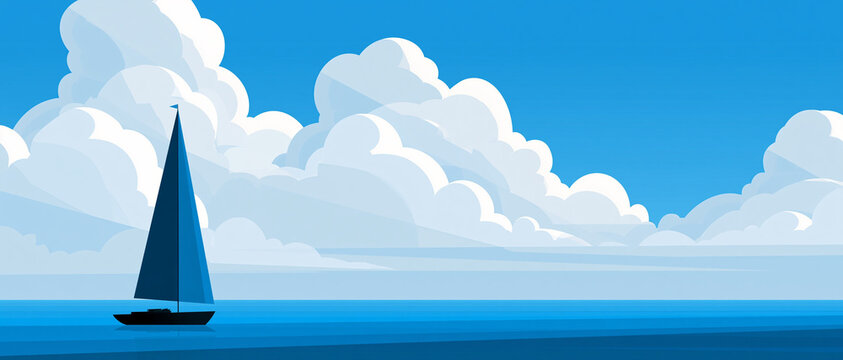 Flat vector illustration of a sailboat on calm water under fluffy clouds  