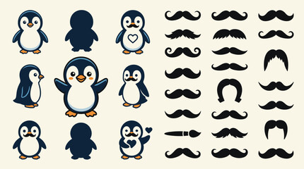 Obraz premium Vector set of cute penguin characters and various black mustache icons. Includes silhouettes, hearts, and different penguin poses for creative illustration and design.