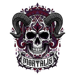 Fototapeta premium Ornate horned skull illustration with gothic floral patterns and decorative banner design.