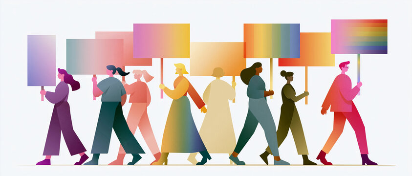 Diverse characters marching with colorful signs at a Pride event  