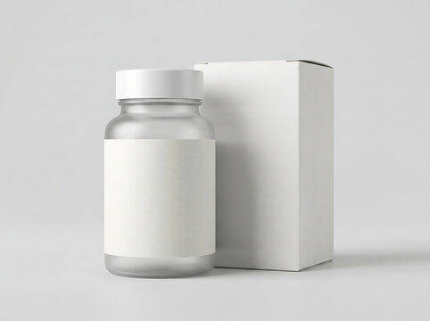 Blank white pill bottle and paper box mockup for pharmaceutical supplement product branding design transparent background