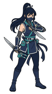 Female Ninja Warrior in Blue Attire with Daggers