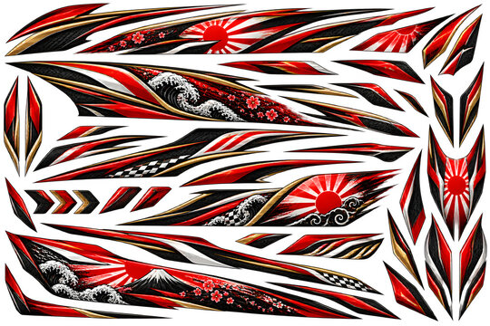 Japanese Style Car Decal Sticker Set with Red Sun and Wave Graphics for Vehicle Tuning