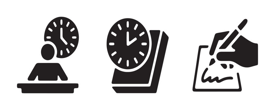 Business work management black vector icons portraying timekeeping desk worker and signature hand.