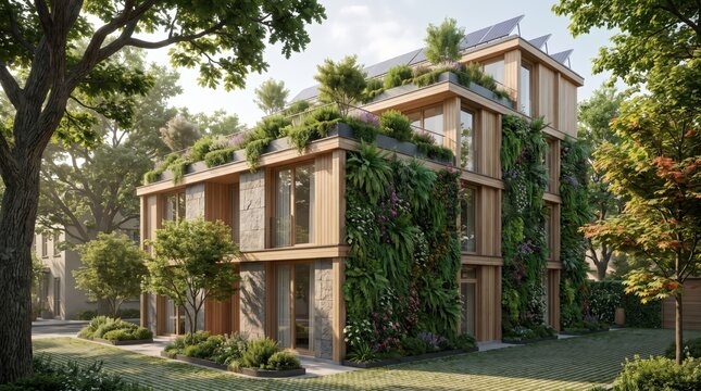 Modern eco-friendly residential building with lush green vertical garden facade and sustainable architecture