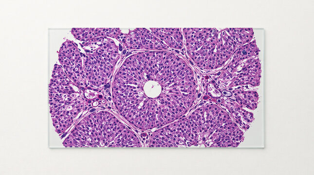 Microscopic view of kidney tissue showing distinct renal corpuscle surrounded by dense pinkish-purple parenchyma under bright laboratory illumination