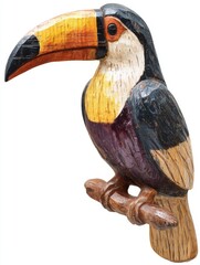 Fototapeta premium Detailed Carved Wooden Toucan Sculpture Isolated On Plain White Background For Nature Decor