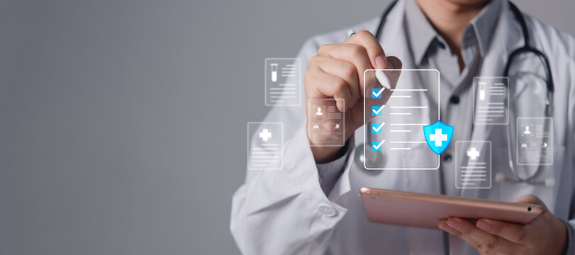Digital Medical Checklist with Security Shield and Tablet for Healthcare Compliance Patient Records Clinical Workflow and Data Protection