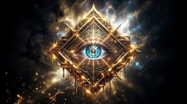 Mystical golden eye symbol with intricate geometric patterns and glowing blue iris in dark nebula