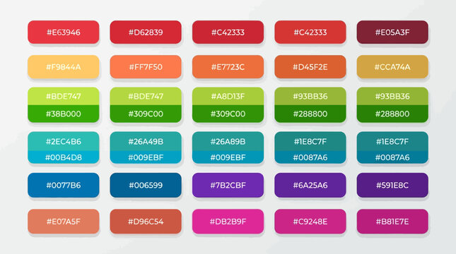 Set of colorful rounded rectangular buttons with hex color codes displayed on a light background.