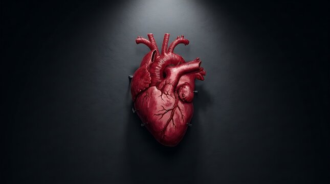Detailed artistic illustration of a human anatomical heart in deep red tones, isolated against a dramatic dark background with moody lighting and realistic textures.