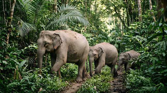 Majestic mother elephant walking through a lush dense tropical rainforest with two playful calves following closely behind on a narrow dirt path during a bright sunny afternoon with soft dappled light