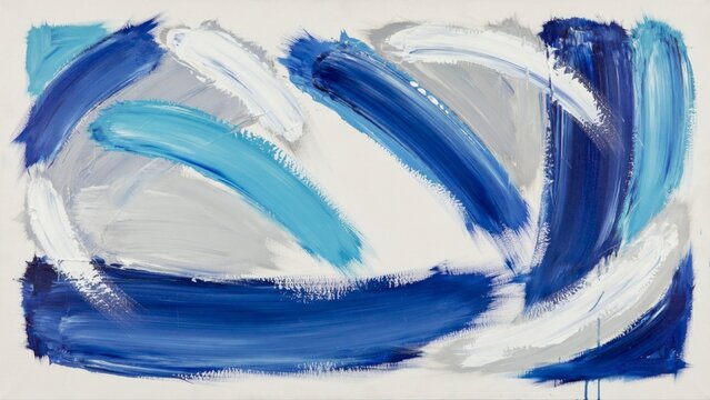 Abstract oil painting with bold blue, white, and grey brushstrokes