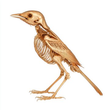 Detailed Golden Bird Skeleton Specimen Standing Isolated On Plain White Background