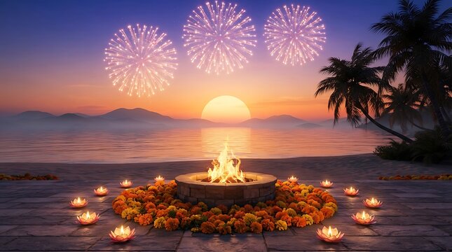 Bonfire and lotus candles on beach at sunset with fireworks in sky