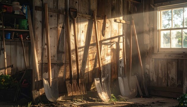 Vintage gardening tools and shovels inside an old barn with dramatic sunlight streaming through window