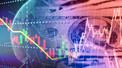 Fototapeta premium US 100-dollar bill, global digital globe network grid, financial index chart, downward and upward fluctuation trends, global market economy, expansion of international financial exchange.