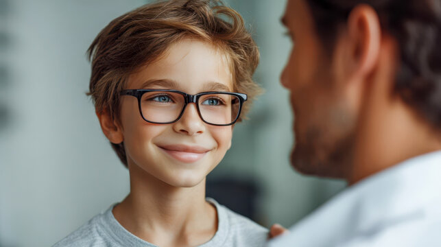 Pediatric glasses fitting doctor helps a child while adjusting glasses